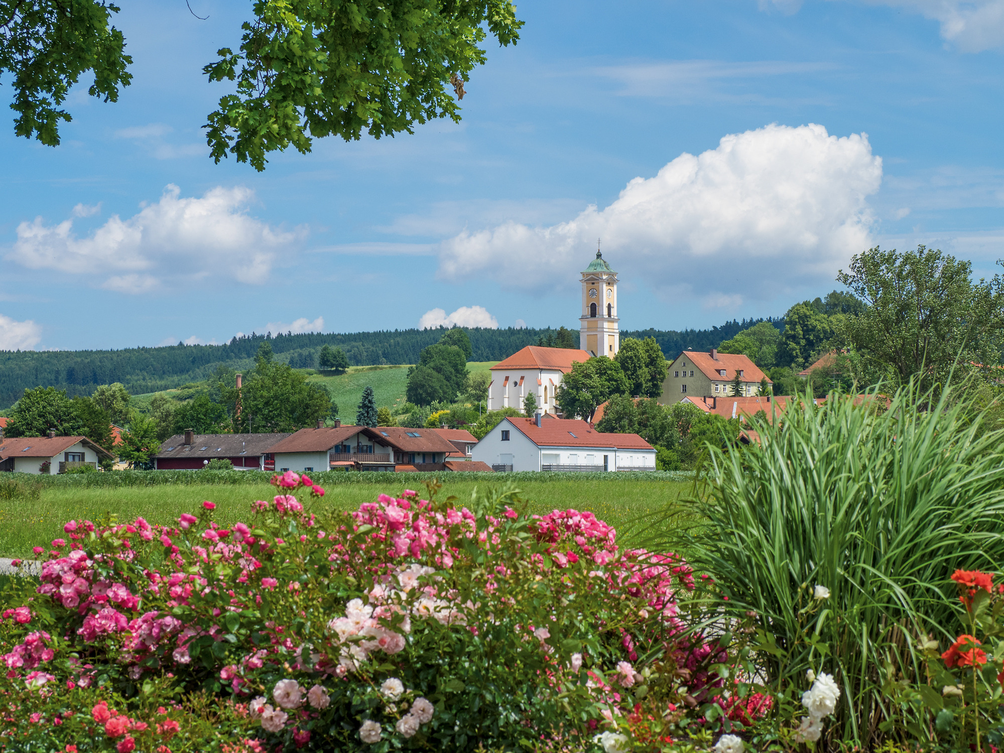 Kirche mit rotem Dach, Blumen im Vordergrund, blauer Himmel, grüne Landschaft.